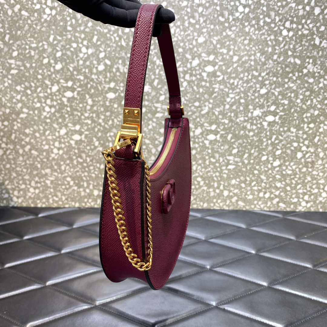 Valentino Garavani VLogo Signature Hobo Bag in Burgundy Grainy Calfskin Leather 